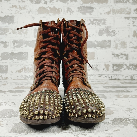 Steve Madden Tarnney Brown Leather Side Zip Lace Up Studded Combat Boots i764 - Picture 3 of 11